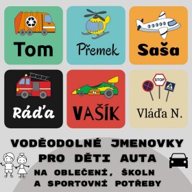 48x štítky jmenovky pro kluky AUTA+ 20x20mm, výběr motivů, do školky, do školy na oblečení , boty, věci