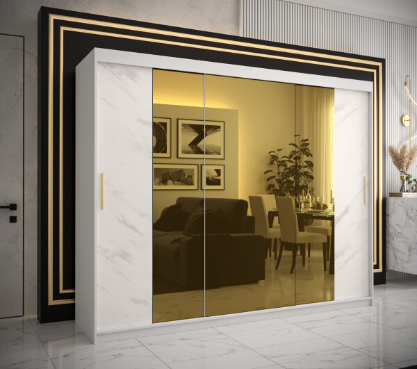 Šatní skříň Abi Golden T2 Barva korpusu: Bílá, Rozměry: 250 cm, Dveře: Bílý mramor se zlatým zrcadlem
