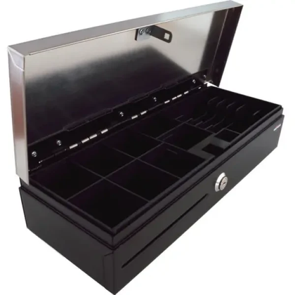 VIRTUOS FT-460C2 černá / Pokladní zásuvka flip-top / s kabelem / zamykatelný kryt pořadače / nerez víko / 9-24V (EKN0009)