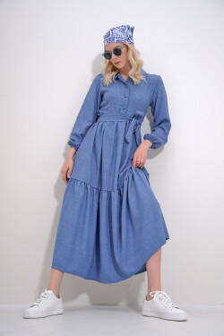 Trend Alaçatı Stili Women's Aviator Blue Buttoned Front Skirt Flounced Flamed Linen Maxiboy Dress