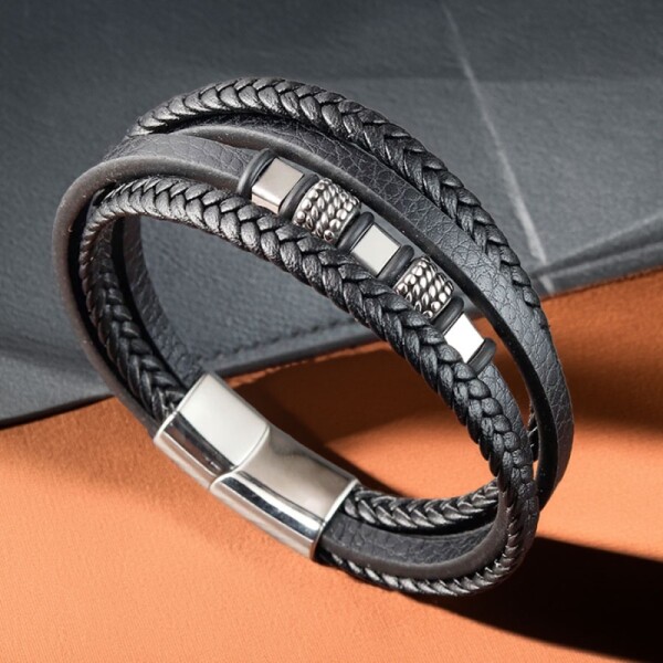 Pánský náramek Roberto - chirurgická ocel, kůže, Černá 25 cm