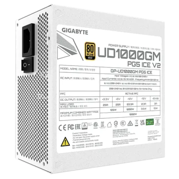 GIGABYTE UD1000GM PG5 V2 ICE bílá / Zdroj / ATX 3.1 / 1000W / 80PLUS Gold / modulární / PCIe 5.1 (GP-UD1000GM PG5 ICE)