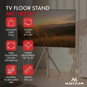 Maclean MC-182 W bílá / Mobilní podlahový stojan pro TV / 37-80" / VESA 100x100-600x400 / nosnost 60 kg (MC-182 W)