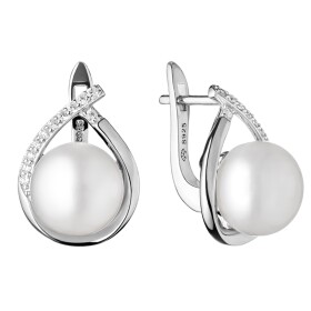 Stříbrné náušnice s řiční perlou a zirkony Beth, stříbro 925/1000, Bílá