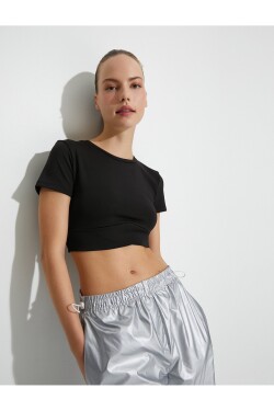 Koton Sports Crop Yoga T-Shirt Slim Fit Asymmetrical Detailed Short Sleeve Crew Neck