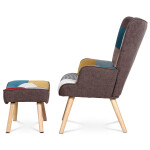 Křeslo "ušák" s podnožkou, potah patchwork látka, nohy masiv kaučukovník
