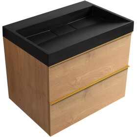 CERANO - Koupelnová skříňka Velora - dub medový, úchytka zlatá + umyvadlo z lit. mramoru Vita - černá matná - 70x63x46,5 CER-8050BD84056