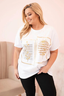 Dámská bavlněná halenka Plus Size s kamínky bílá + camel UNI