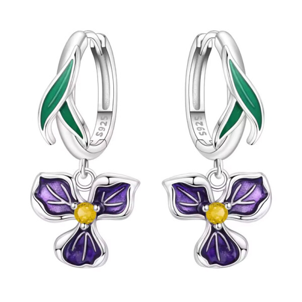 Stříbrné náušnice Maceška s fialovým květem - stříbro 925/1000, Fialová