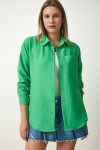 Happiness İstanbul Women's Green Oversize Linen Ayrobin Shirt