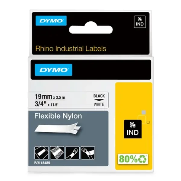 Dymo originální páska do tiskárny štítků 19mm x 3,5m / černý tisk / bílý podklad / RHINO nylonová flexibilní (18489)