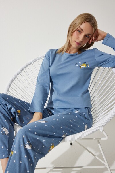 Happiness İstanbul Women's Blue Long Sleeve Top Pants Knitted Pajamas Set