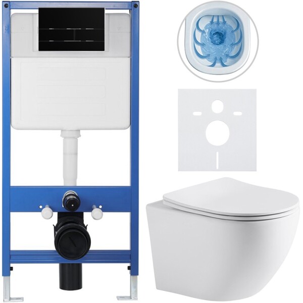 CERANO Kompletní podomítkový WC set Lite/Cesso - bílá matná - WC tlačítko Line, černá matná - předstěnová instalace - 49x36 cm - 8050BD84249