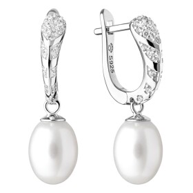 Stříbrné náušnice s perlou a zirkony Lucy, stříbro 925/1000, Bílá