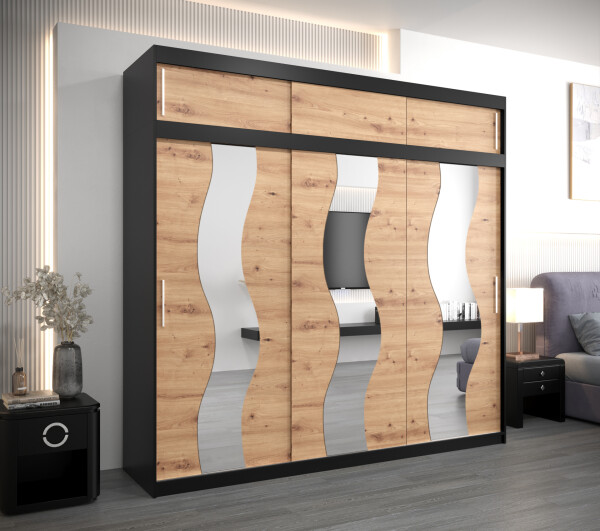 Šatní skříň Abi Se s nástavcem Barva korpusu: Černá, Rozměry: 250 cm, Dveře: Dub artisan