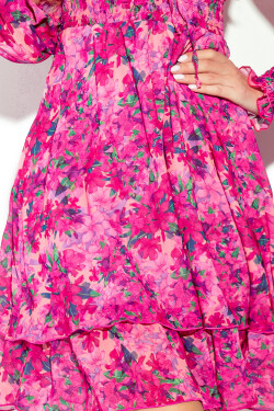 410-3 MONICA šifonové šaty s vázaným výstřihem - PINK FLOWERS XL