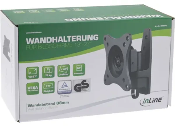 InLine Nástěnný držák TFT monitoru černá / Držák na monitor / do 13" / nosnost 15 kg / náklon -15°–15° (23107D)