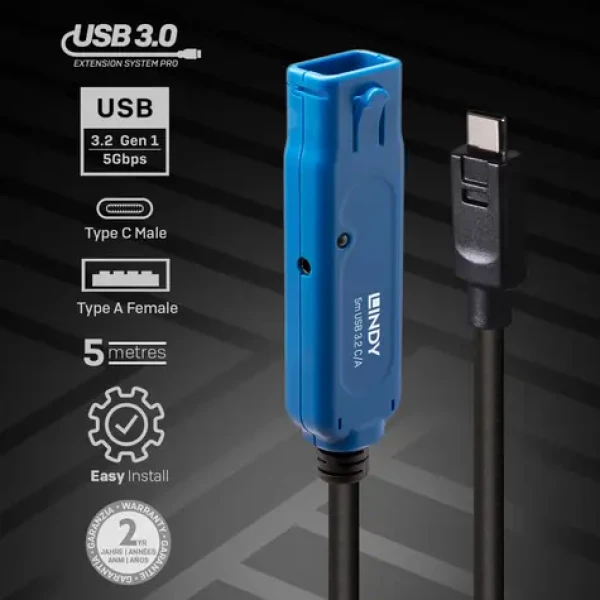 Lindy USB-C - USB-A aktivní prodlužovací kabel černá / Kabel USB / USB 3.2 Gen 1 / 5 m (43380)