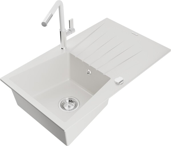 MEXEN/S - Cesar granitový dřez 1-miska s odkapávačem včetně baterie Flora, bílá 6514-20-670401-02