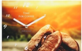 DumDekorace Oranžové nástěnné hodiny do kuchyně s motivem kávy