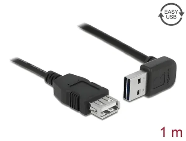 Delock Easy USB 2.0 A (M) - A (F) kabel černá / Prodlužovací kabel / pravoúhlý 90° / oboustranný konektor / 1m (83547)