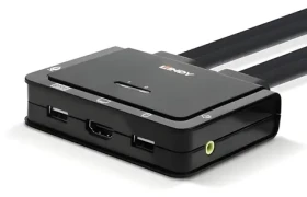 Lindy KVM přepínač 2 porty HDMI/USB-C/USB 2.0 černá / KVM přepínač / 4K 60Hz / audio výstup / kabel 1,2 m (42347)
