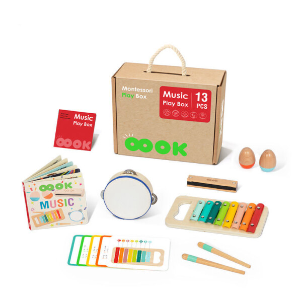 Mamido Montessori Hudební box XXL 4v1 13ks Xylofon Tamburína Harmonika děti 1-2 roky