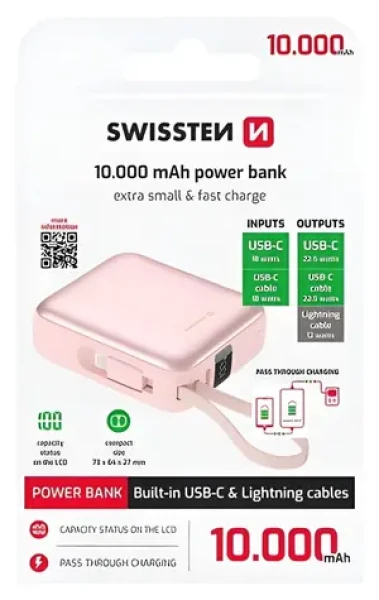 Swissten Space 10000 mAh růžová / Powerbanka s integrovanými kabely / USB-C + Lightning