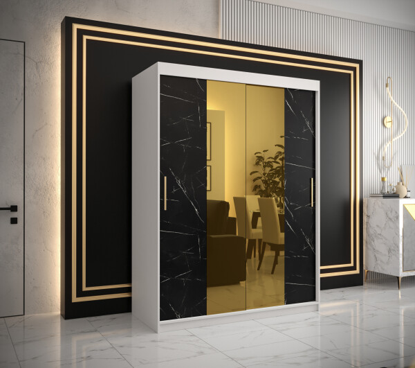 Šatní skříň Abi Golden T1 Barva korpusu: Bílá, Rozměry: 150 cm, Dveře: Černý mramor se zlatým zrcadlem