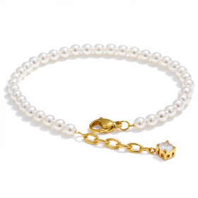 Náramek s bílými perlami a zirkonem - chirurgická ocel, Zlatá 16 cm + 3 cm (prodloužení) Bílá