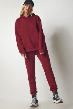 Happiness İstanbul Women's Burgundy Hooded Raised Tracksuit