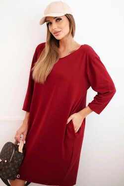 Dámská sukni Plus Size z bavlnou s jednoduchým střihem a rukávem 3/4 bordová UNI