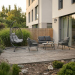 Zahradní set 1+1+2, stůl 90x48, židle a dvojsedačka, Antracitový umělý ratan, kov antracit, tmavě šedá látka.