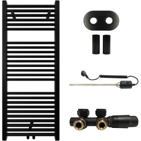 CERANO Koupelnový radiátorový set Lincoln - kombinované výtápění, termo tyč - středové připojení 50 mm - 300W - černá matná - 1200x500 mm