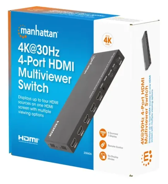 Manhattan 4K 30Hz 4-Port HDMI Multiviewer Switch / HDMI přepínač / 4 vstupy / 4K 30Hz / PiP / 7.1 audio (208406)