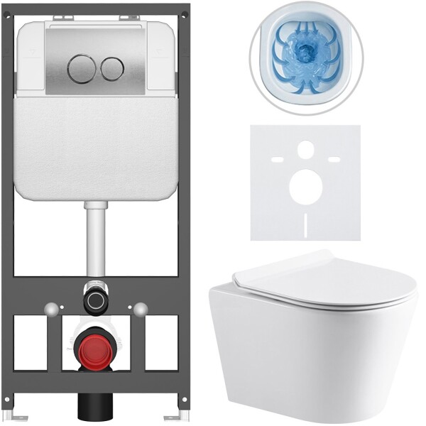 CERANO Kompletní WC set Basic/Carlito - bílá lesklá - WC tlačítko Dualo/Stříbrná - závěsné - předstěnová instalace - 48,5x36,5 cm