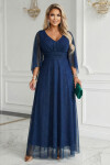655-3 Dlouhé lehké třpytivé šaty s výstřihem a průhlednými rukávy - tmavě modré UNI