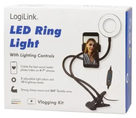 LogiLink LED Ringlight klip na telefon černá / LED kruhové světlo / 24 LED / O 8,5 cm / USB / max. 7" displej (AA0150)