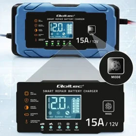 Qoltec Nabíječka autobaterií 12V 15A / Nabíječka / AGM/GEL/LiFePO4 / 9-stupňové nabíjení / funkce obnovy baterie (52666)