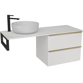 CERANO Deska pod umyvadlo Navira Slim - 121x46,5x1,8 cm - skříňka Velora 59 cm - bílá matná, zlatá úchytka - konzole černá