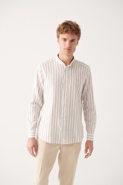 Avva Men's Beige Classic Collar Striped Linen Cotton Slim Fit Slim Fit Shirt