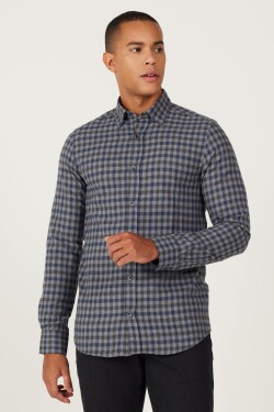 AC&Co Altınyıldız Classics Men's Navy Blue Slim Fit Slim Fit Hidden Button Collar Checkered Thick Tufted Winter Shirt
