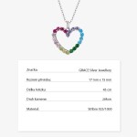 Stříbrný náhrdelník se zirkony Duhové srdce - stříbro 925/1000, Stříbrná 45 cm