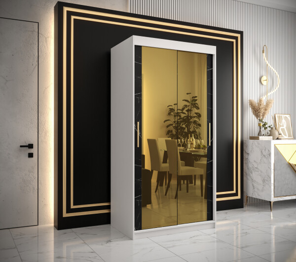 Šatní skříň Abi Golden T3 Barva korpusu: Bílá, Rozměry: 100 cm, Dveře: Černý mramor se zlatým zrcadlem
