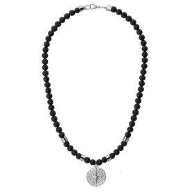 Pánský korálkový náhrdelník Diego - lávový kámen, větrná růžice, Stříbrná 50 cm