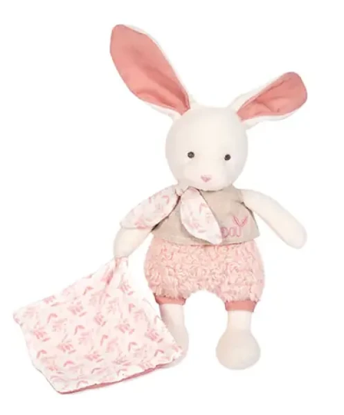 Doudou Dárková sada - Plyšový Ecru králiček s růžovou dečkou z BIO bavlny 22 cm