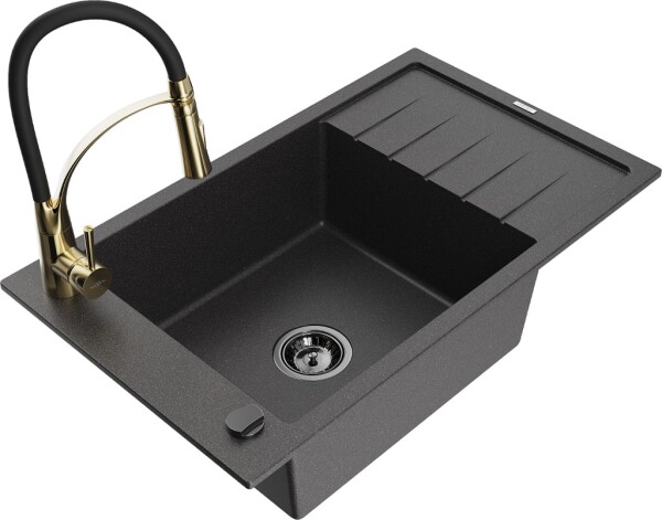 MEXEN/S - Elias granitový dřez 1 s odkapávačem včetně baterie Aster, černá kropenatá 6511-76-73450-57-B