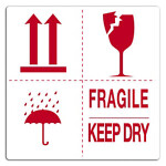 Výstražné etikety, 50x50mm, 4 symboly, FRAGILE / KEEP DRY
