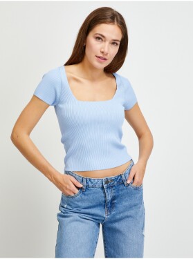 Světle modré dámské žebrované cropped tričko Guess dámské