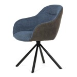 Židle jídelní, modrá látka a tmavě šedá látka v dekoru vintage kůže, černý kov, otočná P90°+ L90° s vratným mechanismem